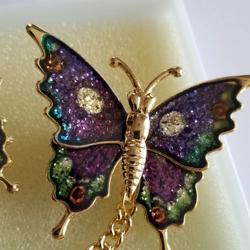 Vintage glitter butterfly brooch set New old stock Gold tone insect bug …